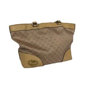 Gucci Lovely Tote Metallic Pink GG Canvas Beige Leather Shoulder Bag Auth